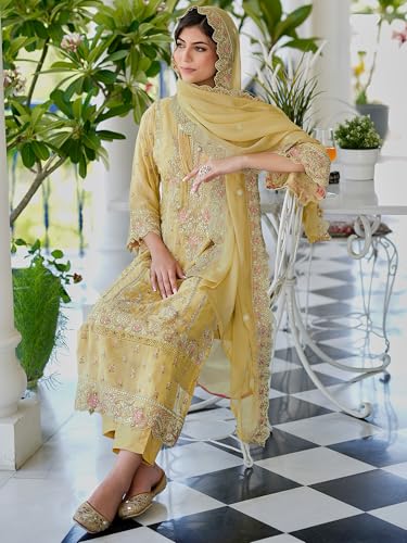 Image of INDO ERA Women's Organza Kurta and Pant with Dupatta Set