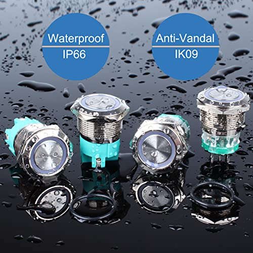 Image of 22mm Latching Metal Anti-Vandal Push Button Switch Waterproof Large Current 15Amp 110V 1NO Screw Terminals for 0.87 inch Mounting Hole with Halo Ring Blue LED