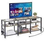 VECELO 63" TV Stand with Power Outlets for 55/60/65/70 Inch Television, Entertainment Center with Storage Shelves & Hooks, 3-Tier Wooden Console Table for Living, Bedroom, Gaming Room, Grey
