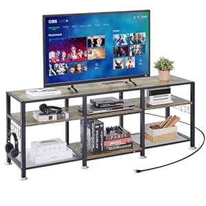 VECELO 63″ TV Stand with Power Outlets for 55/60/65/70 Inch Television, Entertainment Center with Storage Shelves & Hooks, 3-Tier Wooden Console Table for Living, Bedroom, Gaming Room, Grey