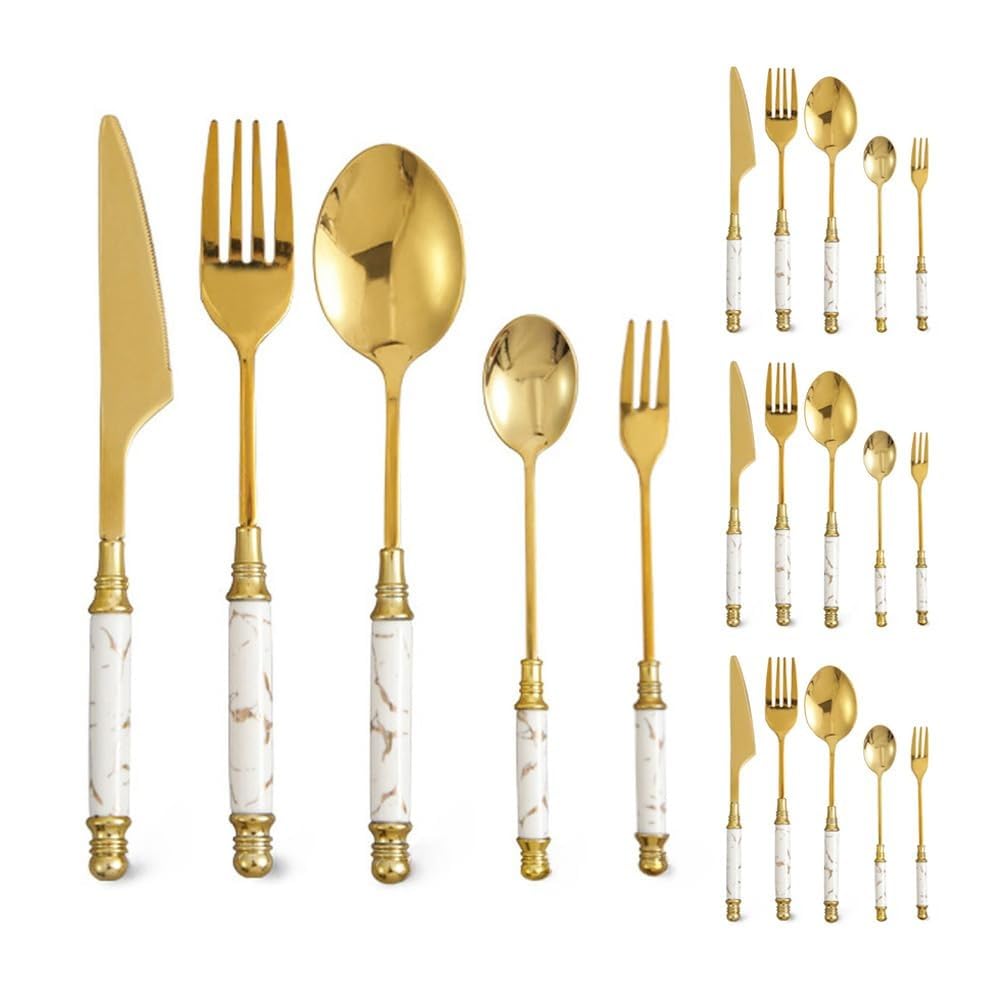 Manico in Ceramica Cucina Acciaio Inossidabile Posate Stoviglie Posate Set Coltello Da Bistecca Forchetta Cucchiaio Cucchiaino (White,20 pieces)