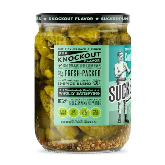 SuckerPunch Deli-Style Kosher Dill Wholes, No High Fructose Corn Syrup, Vegan Friendly, Gluten Free & Non-GMO, 24 Ounce (Pack of 6)