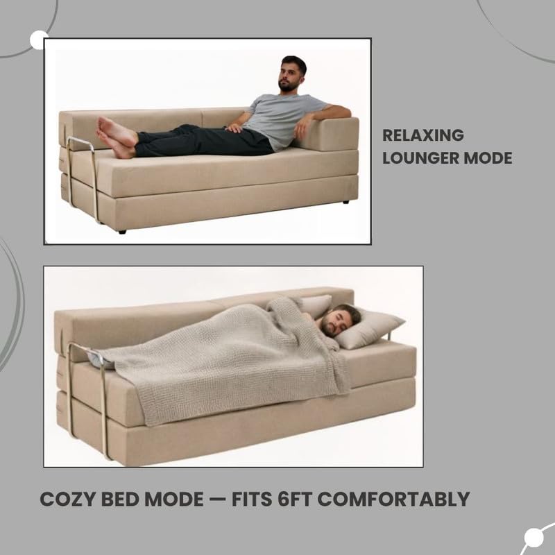 Image of Adorn India Easy Premium Modular 4 Seater Sofa Cum Bed | Velvet Suede Fabric | Colour Beige | Modern Design | Size 6x6 Fit | Comfortable for Seat & Sleep | Washable Cover | Perfect for Home & Office