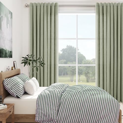 Image of Sage Green Linen Curtains 84 Inch Length for Living Room 2 Panels Set Soft Thick Textured Grommet Design Semi Sheer Light Filtering Window Curtain Drapes Burlap Look Rustic Farmhouse Home Decor 52x84