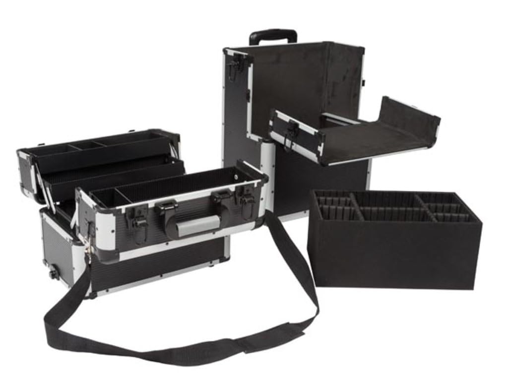 Perel Maletín de herramientas con ruedas aluminio negro, trolley con mango telescópico, 3 compartimentos con organizador y bandeja interior, cerradura con 2 llaves, 370 x 225 x 670 mm, 66,9 l