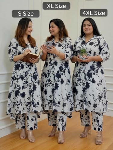 Image of Leriya Fashion Women's Cotton Printed A-Line Kurti Pant Set | Abstract Leaf & Floral Kurta with Trouser Pant | Casual Ethnic Co-ord Set for Women Stylish | Elegant Anarkali Style Tunic Kurta Set