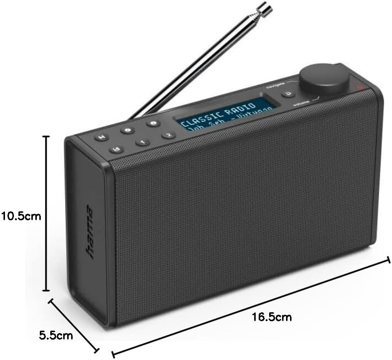 Hama Digital Radio DR7 USB with dimensions labeled: 16.5cm length, 5.5cm width, 10.5cm height.