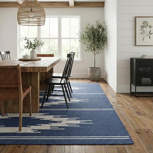 Fab Habitat Machine Washable Area Rug - Hand Woven, Stain Resistant, Pet Friendly, Reversible - Premium Recycled Polyester Yarn - Ikat - Bedroom, Living Room - Madison - Navy & Gray - 4 x 6 ft