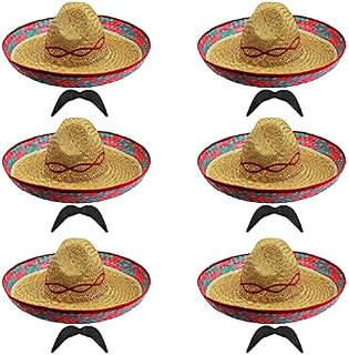 6 X RED EMBROIDERY STRAW SOMBRERO HAT WITH 6 X MOUSTACHES, MEXICAN FANCY DRESS THEME