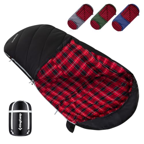 KingCamp Camping Sleeping Bag- XL with Hood, Extra Tall Big Wide 100% Cotton Flannel Lined Portable...