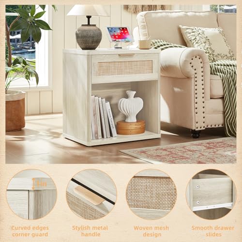 Image of LEYAOYAO Rattan Nightstand with Charging Station, Grey White Night Stand with Drawer, 23 inch Wide Boho Bedside Table with Storage Shelf, Bed Side End Tables for Bedroom, Living Room, Hallway