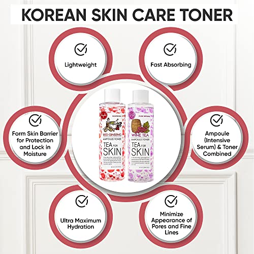 Korean Toner For Face, Wine Tea & Red Ginseng Essence Toner 2Pcs Set, Hydrating Toner Korean, Alcohol Free, For Acne, Oily, Combination Or Dry Skin, Low Ph Balancing & Pore Minimizing Toners For Women #TOP2