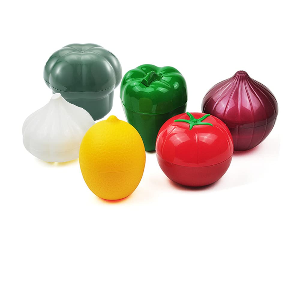 Eamve Green 6Pack Fruit And Vegetable Storage Containers,Vegetable Shaped Savers,Refrigerator Vegetable Crisper For Tomato,Onion,Garlic,Lemon, Pepper And Broccoli Containers Holder,Food Storage Keepe