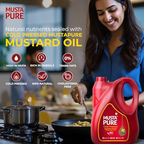 Image of Musta Pure Cold Pressed Kachi Ghani Mustard Oil 5 Litre Cooking Oil, Unrefined, Naturally Cholesterol Free, A1 Grade Real Seeds For Natural Aroma & Flavour For Roasting, Frying, Baking - Jar