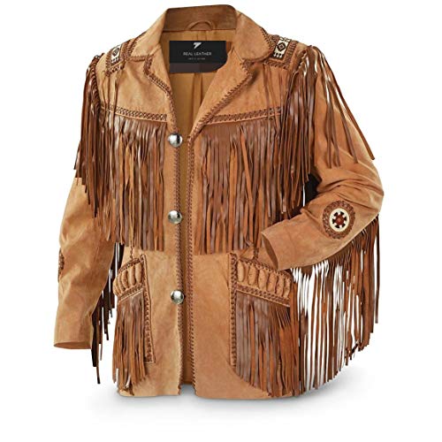 Men's Traditional Cowboy Western Leather Jacket Coat with Fringe (XX-Large) Brown