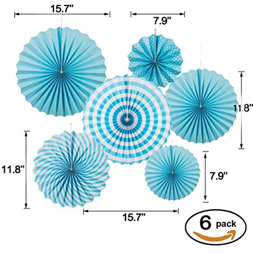 Image of MOWO Blue White Paper Fans Hanging Decoration , 6pc | birthday graduation wedding retirement baby shower new year valentines day party decoration