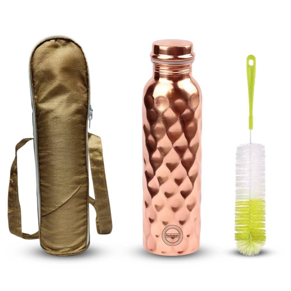 Fashnkart Copper Water Bottle Diamond Regular Pure Copper Bottle Yoga Water Bottle Ayurveda Health Benefits Leak Proof 1000 ML With Bag & Brush