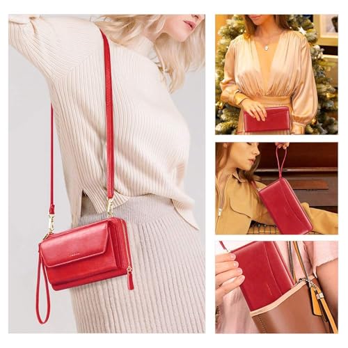 Image of nuoku RFID Blocking Wristlet Wallet for Women, Zip-Around Crossbody Clutch with 2 Removable Straps, Red