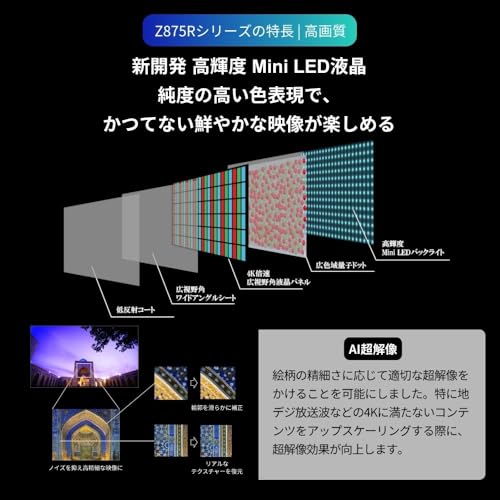 レグザ(Regza) REGZA(レグザ) テレビ 75インチ Mini LED 液晶 4K 倍速 75Z875R の商品画像 4