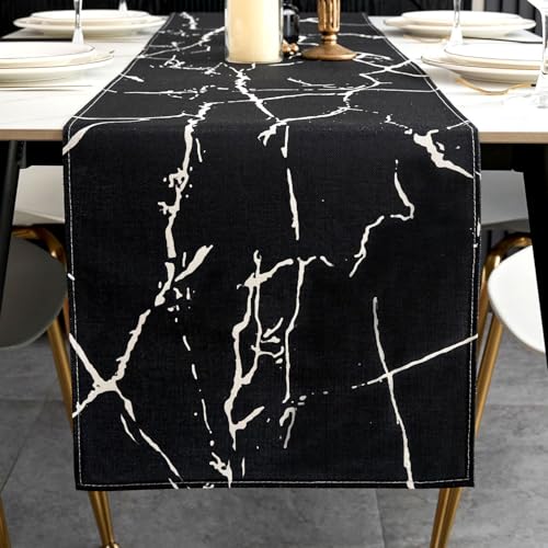 ViaElayu Chemin de Table Noir et Blanc Printemps Moderne Marbre Texture Rétro Style Décoratif...