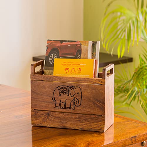 Image of ExclusiveLane 'The Elephant' Hand Carved Table Magazine Stand For Office Desk In Sheesham Wood - Magazine Holder For Living Room Study Table Wooden Newspaper Stand, 25.4X10.7X20.6 Cm