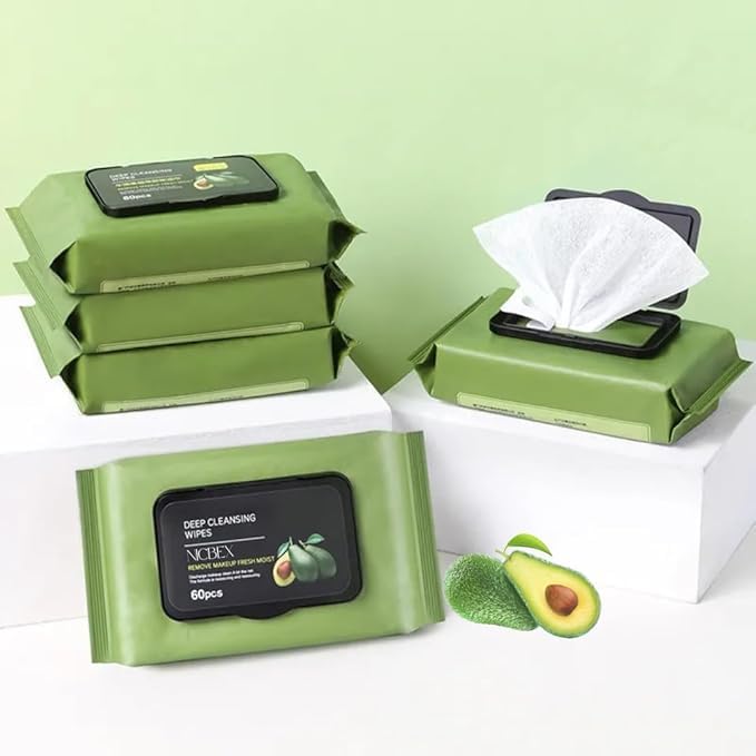 Hasizity Makeup Remover Wipes for Face with Aloe Vera, Cucumber & Vitamin E | Wet Wipes for Face with Avocado For Deep Cleansing Exfoliating Reducing Pigmentation Soothing & Brightening Tightening Pores Moisturizing Pack Of 1(60 Wipes, Avocado)-image-2