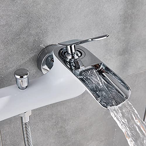 Mitigeur bain douche cascade blanc chromé avec douchette à main 3 jets