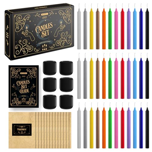 WYSPELL 36 Colored Spell Candles | 5 x 1/2 | Taper Candles Kit for Witchcraft & Decor | 6 Chime Candle Holders | Wiccan Supplies & Candlesticks Set