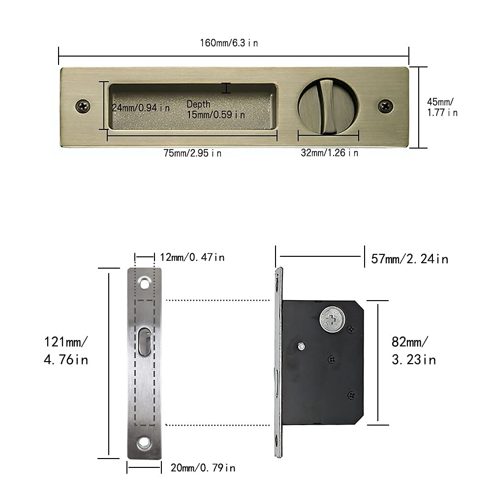 HACCER Cerradura invisible de puerta de bolsillo con llave de 6.3 pulgadas Cerradura de puerta de granero con llaves para corredera Puerta de madera de bronce