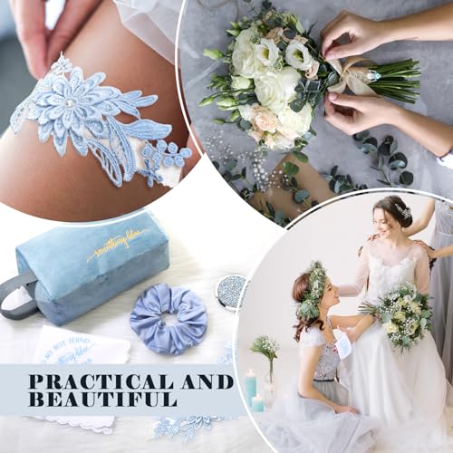 Hanaive Set of 6 Something Blue Wedding Gift for Bride Something Blue Cosmetic Bag Embroidered Handkerchief Bouquet Charm Diamond Compact Mirror Hair Scrunchie Knotted Garters for Bridal Shower party4