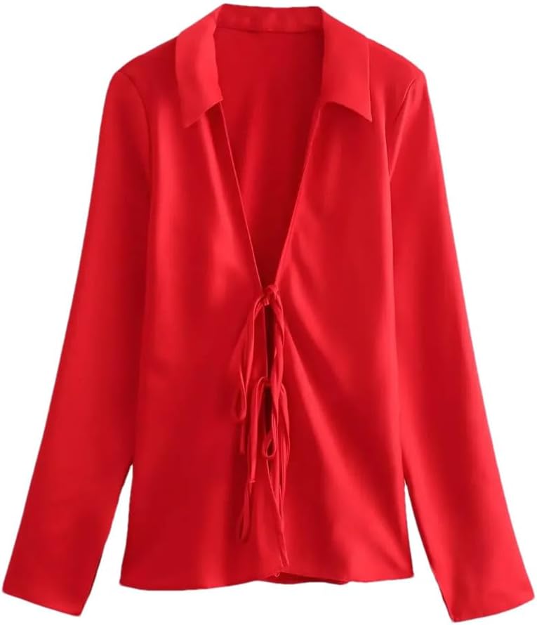 Women's Bow Embellished Solid Color Long Sleeved Shirt Red XS(2)