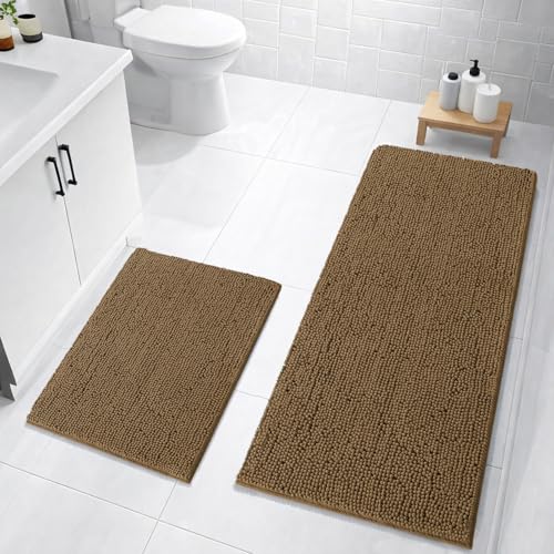 Image of LUXEHOME International Bath Mats for Bathroom Anti Slip Microfiber Chenille Super Absorbent Quick Dry Water Soak Floor Mat for Home Kitchen Door (40x60cm 60x120cm Chocolate) Pack of 2