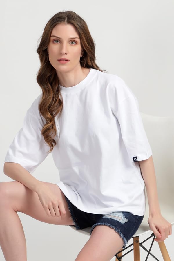 Image of Oversized Baggy Fit Drop Shoulder Half Sleeves Round Neck Solid Pure 100% Cotton T-Shirt for Women (Available in White, Black,Navy Color)