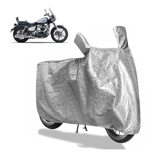 Image of Sulfar Bike Cover for Royal Enfield Super Meteor 650 (Cruiser) | Waterproof, Dustproof & UV Protected | All Weather Two Wheeler Cover (Silver) New 2026 Variants