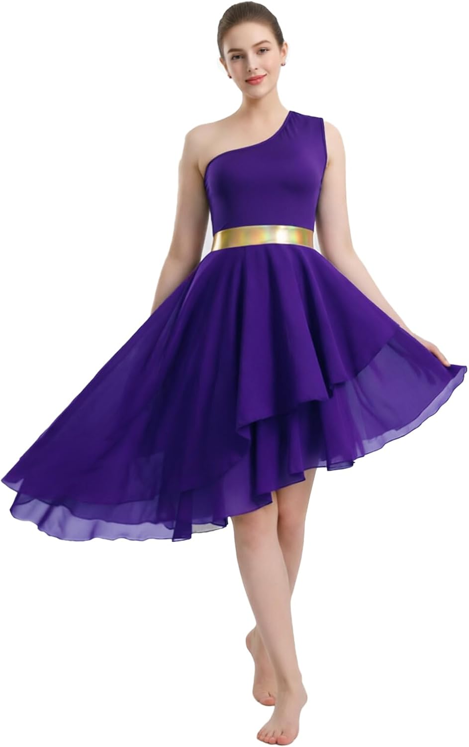 Women's Praise Cinched Waist Dance Dress, Sleeveless, Single Shoulder, Irregular Hem Worship Dance Lyrical Dress