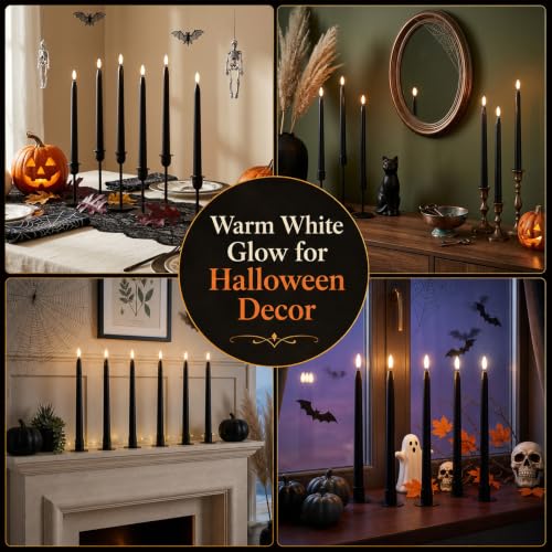 Image of Rhytsing 6-Pack Black Flameless Taper Candles with 2 Remotes for Halloween | Timer Function, Smooth Wax Finish, 3D Faux Flame, H 11 inch, Battery Candlesticks for Halloween Decor, Warm White Glow