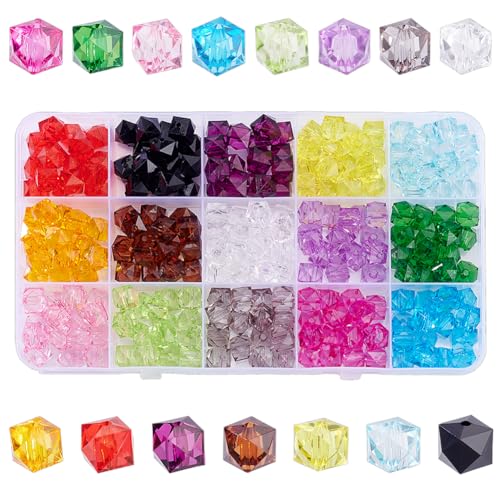CRAFTYMELODY Perles en Cristal Acrylique à Facettes 15 couleur 225 perles D'Espacement Transparentes de 10mm Perles en Verre pour Bracelet Multi Cordons