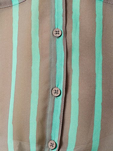 Image of Miss Chase Women's Mint And Grey V-Neck Short Sleeves Buttoned Striped Tie-Up Loose Fit Top