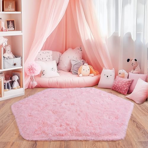 4x4.6 Feet Pink Hexagon Rugs for Princess Tent, Ultra Soft Fluffy Hexagon Area Rug for Bedroom, Cute Shag Rugs for Girls Room, Fuzzy Plush Carpet for Kids Room Tent Castle Home Decor
