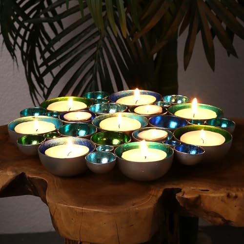 Portavelas hecho a mano, cuenco decorativo para Adviento, hasta 14 velas de té, decoración de mesa, decoración de pared, cuenco de flores, estilo vintage, boho azul, verde, turquesa, plata, azul