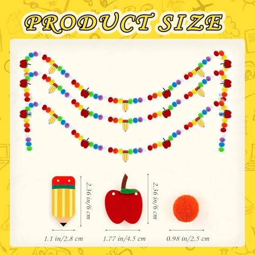 Image of 3 Pcs Back to School Felt Banner Pencil Apple Garland Classroom Return to School Pom Pom Ball Garland Colorful Pompom Hanging Banner Hanging Garlands for First Day of School Classroom Decorations