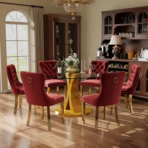 Image of 7-Piece Dining Table Set with 47In Tempered Glass Table and 6 Velvet Upholstered Chairs, Modern Scandinavian Furniture for Dining Room Kitchen(Burgundy&Gold)