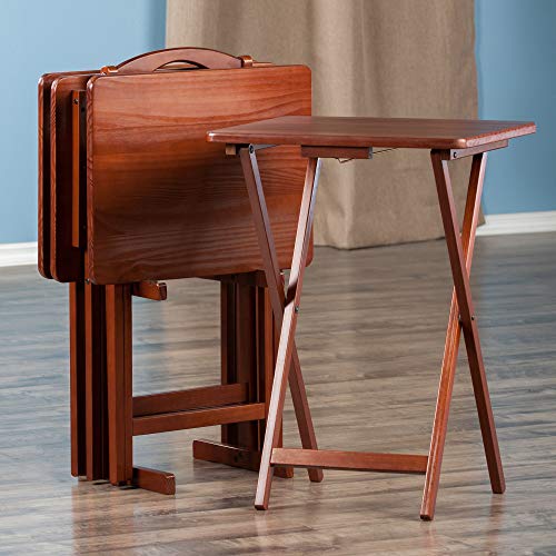 Image of Winsome Alex Set of 4 Foldable Snack Tables with Storage Rack, Walnut | Easy to Store Portable Fold Up Table Set for Kitchen, Living Room TV Dining, Crafts, Puzzles, Work From Home