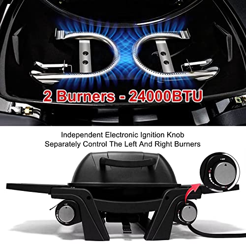 Barpecyou Propane Gas Grill, Portable Propane Grill, Outdoor Tabletop 24000Btu Bbq Grill With Two Burners, Gas Hose And Regulator, Removable Side Tables, Built In Thermometer, Black #TOP2