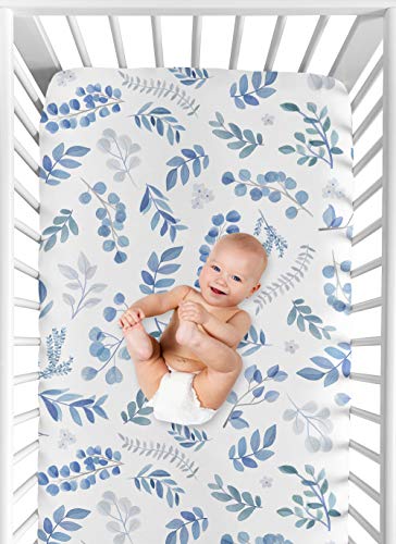 Image of Sweet Jojo Designs Floral Leaf Boy or Girl Fitted Crib Sheet Baby or Toddler Bed Nursery - Blue Grey and White Boho Watercolor Botanical Flower Woodland Tropical Garden