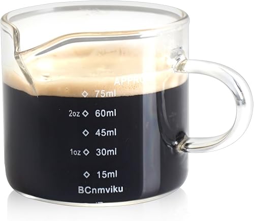 BCnmviku Taza medidora de vidrio expreso, jarra triple para leche, 2.5 fl oz, tazas de espresso con asa, vaso de chupito de espresso con boca en