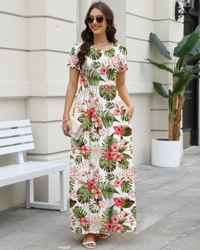 Image of COSSEN Women's Crew Neck Short Sleeve Maxi Dress with Pockets Casual Loose Swing for Wedding Guest Beach Vacation