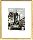 Normalglas Kunstverlag Christoph Falk Handkolorierte Radierung Göttingen, Gänseliesel im Rahmen Goldkehle