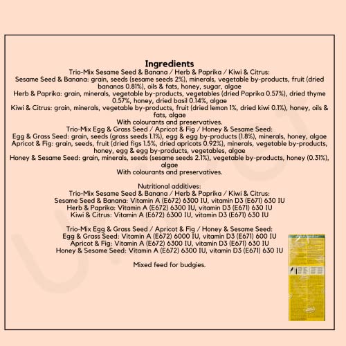 Bundle Budgies Crackers Trio-Mix including Egg, Grass Seeds, Apricot, Fig, Honey, Sesame - Pack of 3 (9 sticks in total - 270g) with Info Card - Image 6