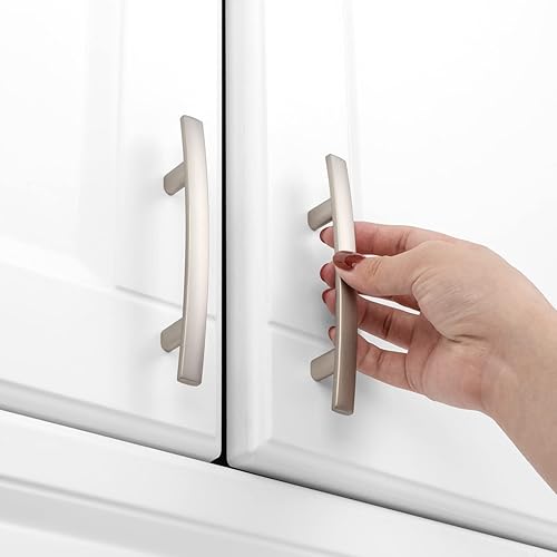 Miniatura 3 de KOOFIZO Paquete de 20 tiradores de barra curvada sólida para gabinete, manija de arco de muebles de níquel cepillado, orificio central para tornillo